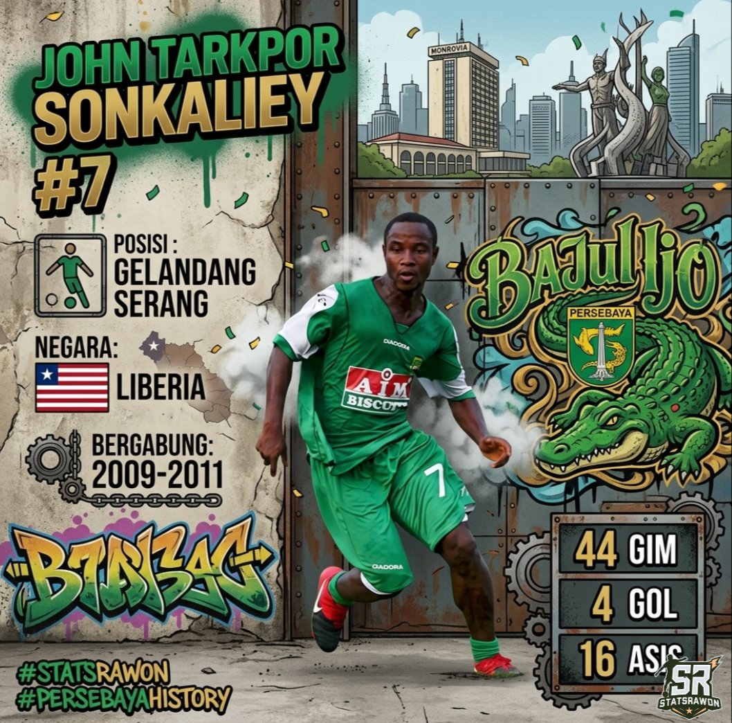 StatsRawon's tweet photo. John Tarkpor Sonkaliey adalah gelandang serang asal Liberia yang memperkuat Persebaya di awal musim 2009/10 hingga musim 2011.

Mantan pemain Timnas Liberia ini memakai nomor punggung tujuh di musim perdananya dan di musim keduanya menggunakan nomor punggung 77.

Tendangan jarak jauh dan tendangan bebasnya memiliki kecepatan yang tinggi. Beberapa kali Tarkpor mencetak gol menggunakan cara ini untuk Tim Bajul Ijo.
#johntarkpor