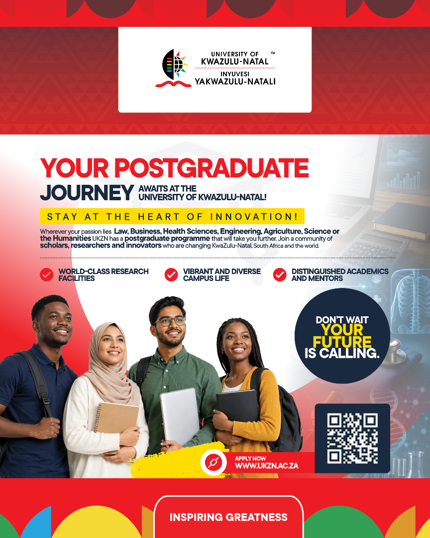 UKZN's tweet photo. Ready to deepen your expertise and make a greater impact in your field? UKZN's postgraduate programmes offer the opportunity to learn from leading academics, engage in cutting-edge research, and unlock new possibilities for your future. https://t.co/0ZFZc2XSZZ