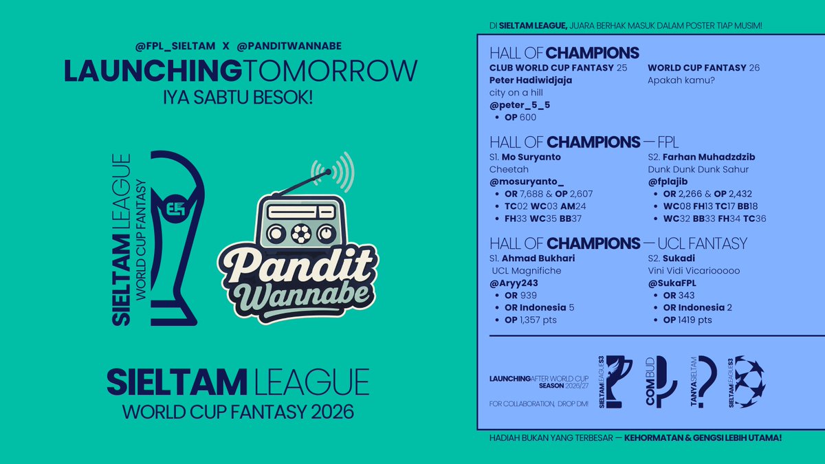 FPL_sieltam's tweet photo. 🚨 BREAKING: FPL SIELTAM LEAGUE WORLD CUP FANTASY - AKAN LAUNCHING BESOK!

@FPL_sieltam x @panditwannabe.

ONE. MORE. SLEEP.

SPREAD. YOUR. WINGS. 🔜🦅🏆

#WorldCupFantasy #FIFAWorldCup
