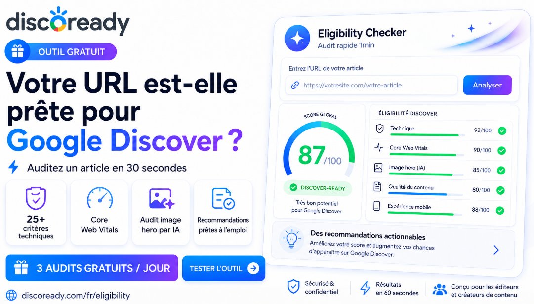 NinjaLinker's tweet photo. ⁉️ Pourquoi votre article n'est pas dans Discover ?

🧐 La plupart des éditeurs n'en savent rien. Ils ajustent au hasard.

🔬 L'Eligibility Checker fait le diagnostic GRATUITEMENT et en 30 secondes :

✅ 25+ critères Discover (indexabilité, signaux, qualité, OG, i18n)
✅ Core Web Vitals (PSI mobile)
✅ Audit image hero par IA + alignement titre↔image
✅ Score 0-100 + le blocker exact nommé
✅ Recos avec code prêt à coller + title/desc réécrits par IA

🆓 Gratuit, 3 audits/jour, sans inscription 

👉 https://t.co/pLWzDSU2W2