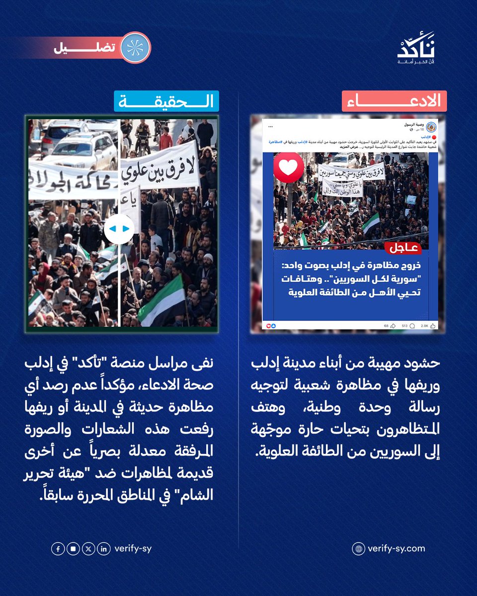 VeSyria's tweet photo. الادعاء بخروج مظاهرة حاشدة في إدلب وريفها دعت للوحدة الوطنية ووجهت تحيات لأبناء الطائفة العلوية، ادعاء مضلل. إذنفى مراسل منصة "تأكد" في إدلب رصد أي مظاهرة حديثة في المدينة أو ريفها رفعت هذه الشعارات، كما أظهر التحقق أن الصورة المرفقة معدلة رقمياً عن صورة قديمة لمظاهرات ضد "هيئة تحرير الشام" في المناطق المحررة سابقاً.

التفاصيل 👇

https://t.co/51i9Fz6usl
