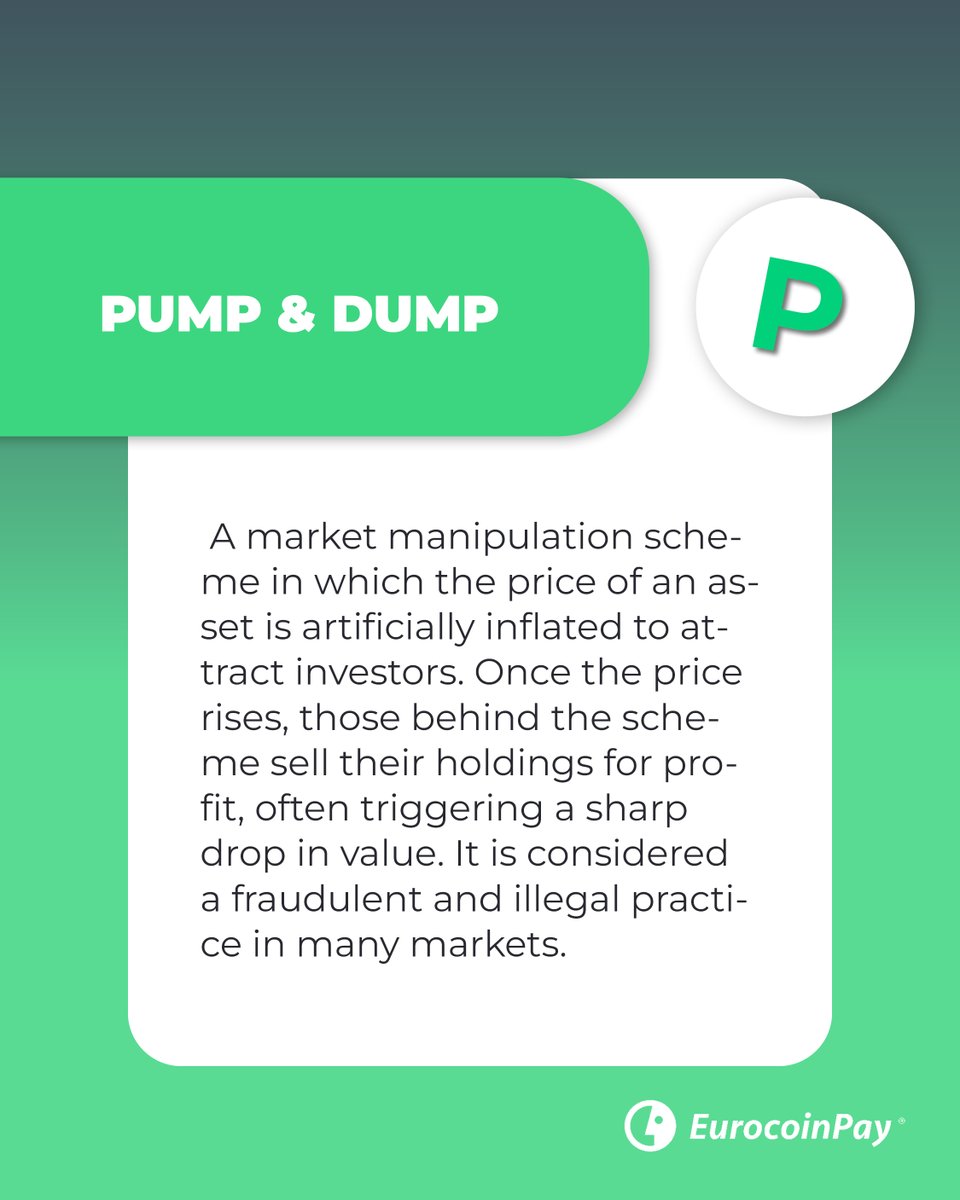 eurocoinpay's tweet photo. No todas las subidas de precio son una oportunidad.
El Pump & Dump consiste en inflar artificialmente el valor de un activo para atraer compradores y vender después con beneficio, provocando normalmente una fuerte caída del precio.
📚 Un término más de nuestro #Criptonario.
#EurocoinPay #Crypto #Bitcoin #Blockchain