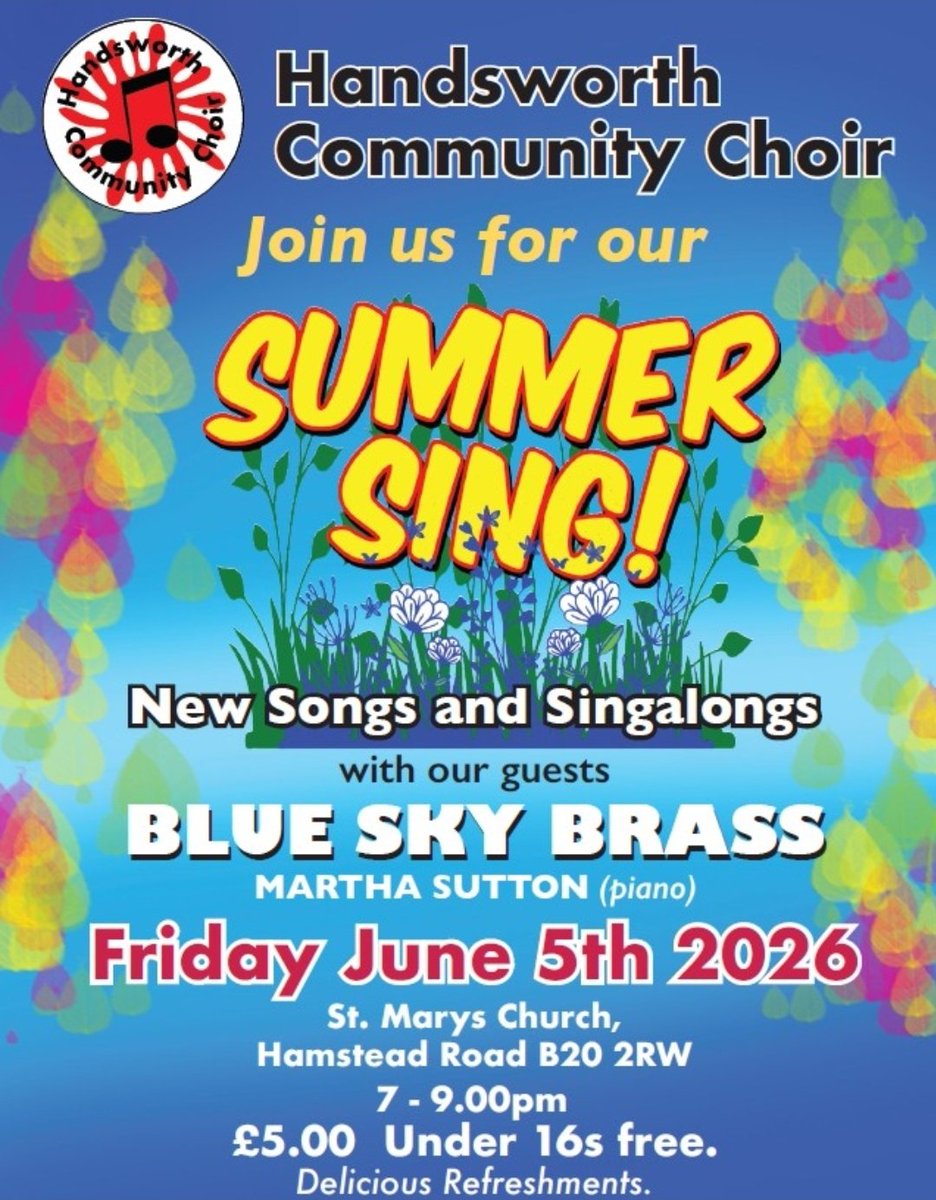 STMARYS_COTIR's tweet photo. A reminder that tonight (Friday 5th June) St Mary’s is please to host the Handsworth Community Choir for their Summer Sing!
There will be new songs and singalongs performed by Handsworth Community Choir, ass well as performances by guests, ‘Blue Sky Brass’ and Martha Sutton. https://t.co/b6wiT20e6u