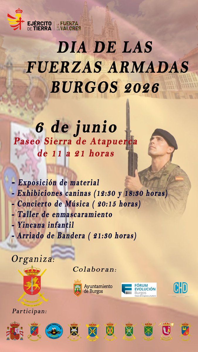 SubGobBUR's tweet photo. 📢El @EjercitoTierra  ha organizado para mañana en #Burgos una exposición en el Paseo Sierra de Atapuerca con motivo del Día de las Fuerzas Armadas #DIFAS2026 con una exhibición de medios de las unidades militares en la provincia #DVSM https://t.co/f25XrtAsbK