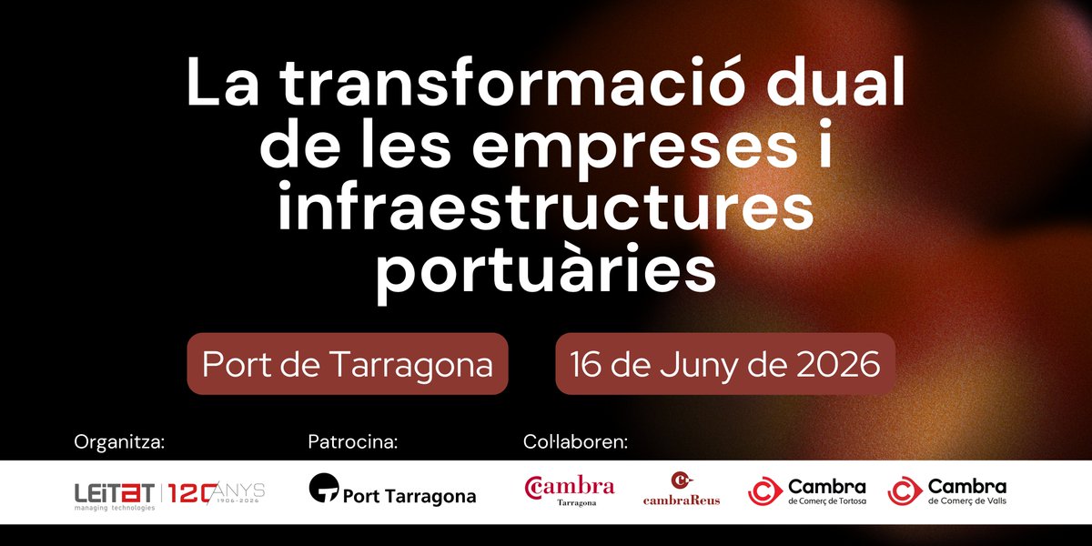 Leitat's tweet photo. 🚀 La transformació dual arriba a les infraestructures portuàries

El 16 de juny de 2026, el @PortTarragona acollirà una jornada, impulsada per Leitat que reunirà agents clau del sector per compartir oportunitats per al futur de la indústria.

🎟️ https://t.co/jJRq5O3dC6 https://t.co/5R8W4HuH6c