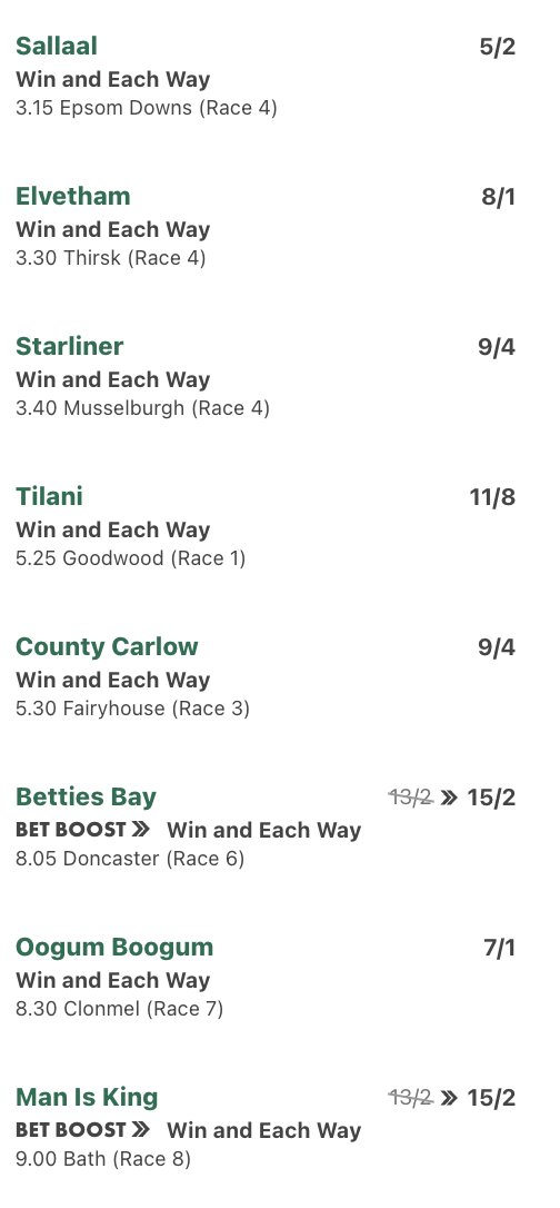 ThePanelGDC's tweet photo. 🚨 Friday's Horse Racing Tips 🚨

Recent form is hard to ignore... 📈

Yesterday added another two winners to the tally:
✅ 9/4 Winner
✅ 11/4 Winner

Here's today's best bet from each meeting:

🏇 15:15 Epsom - Sallaal
🏇 15:30 Thirsk - Elvetham
🏇 15:40 Musselburgh - Starliner
🏇 17:25 Goodwood - Tilani
🏇 17:30 Fairyhouse - County Carlow
🏇 20:05 Doncaster - Betties Bay
🏇 20:30 Clonmel - Oogum Boogum
🏇 21:00 Bath - Man Is King

Full reasoning in the thread 🧵