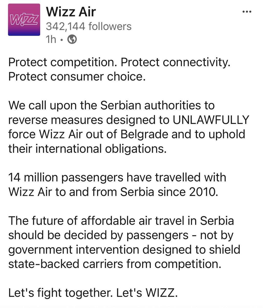 UBKEFEKTIVA's tweet photo. Podrška za Wizz Air, da ostane sa bazom u Beogradu‼️

Sve drugo, vodi ka monopolu Air Srbija, a to potencijalno donosi opasnost od viših cena letova za građane Srbije‼️ https://t.co/LySnc8aZjE
