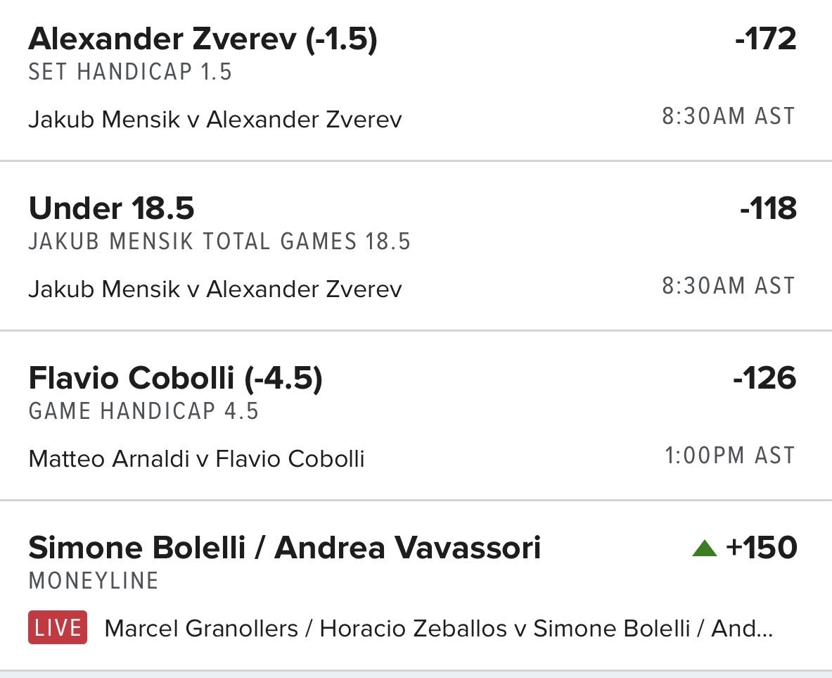MaxUnitMafia's tweet photo. 🚨 TODAY’S OFFICIAL CARD 🚨

🎾 Alexander Zverev -1.5 Sets (-172)
🎾 Jakub Mensik Under 18.5 Games (-118)
🎾 Flavio Cobolli -4.5 Games (-126)
🎾 Simone Bolelli / Andrea Vavassori ML (+150) https://t.co/vpLkcAe0hC