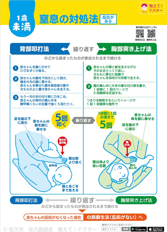 oshietedoctor's tweet photo. 【子どもの窒息への対処法】
いざというときは突然やってきます。そんな時にスマホの画面を検索していてもうまく出せないと思います。
だから印刷して冷蔵庫の壁などに貼っておいてください。
ローソン＆ファミマのプリンターからシールで出せます。 冷蔵庫等目立つ場所に貼ってご活用ください。 https://t.co/crFl720PMX