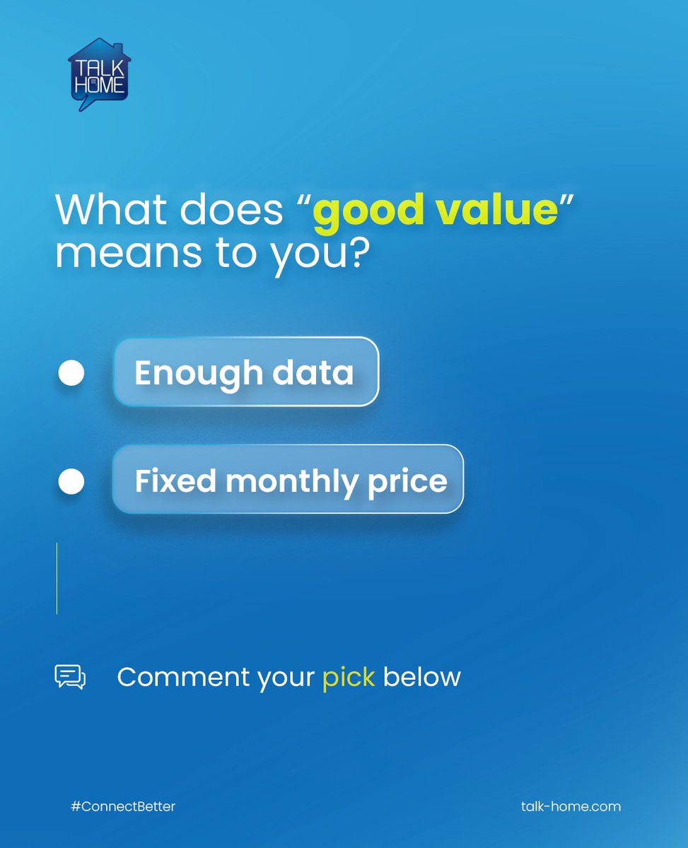 TalkHomeUK's tweet photo. What does good value actually mean to you?
Is it having enough data to stream, scroll and hotspot without stress?
Or is it a fixed monthly price that keeps your bill predictable?
Drop your pick below 👇
#TalkHome #ConnectBetter #SIMOnly #MobileData #FixedPrice https://t.co/pE0NbcmVZE