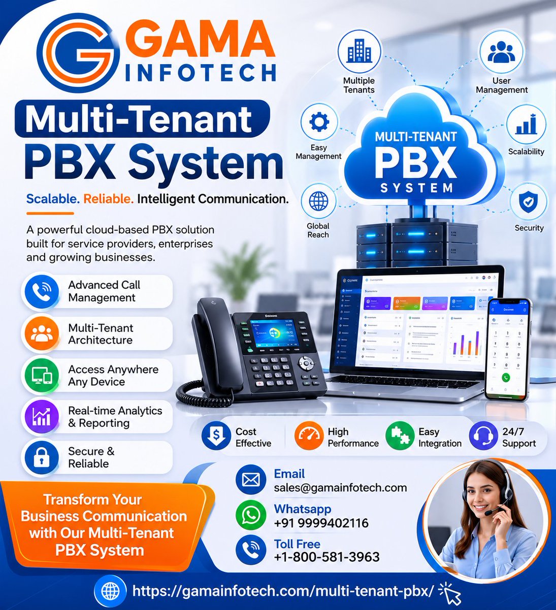 InfotechGama's tweet photo. Scale your telecom business with Gama Infotech's #MultiTenantPBX

- Manage multiple tenants from one platform
- Cloud-Based PBX
- SIP Trunk Support
- Advanced IVR &amp; Call Routing

https://t.co/nrnDqIjG17
sales@gamainfotech.com
Whatsapp- +91 9999402116
USA- +1-800-581-3963

#voip https://t.co/zSGi25wLGM