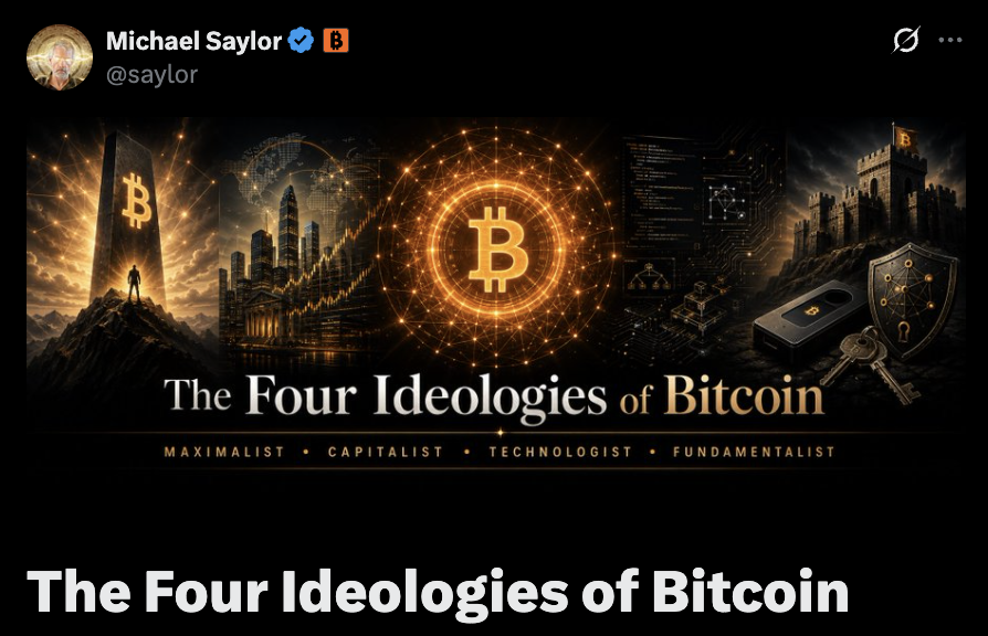blocknewsdotcom's tweet photo. 🟠 BREAKING: Michael Saylor has released a new essay, "The Four Ideologies of Bitcoin," outlining four competing schools of thought shaping Bitcoin's future: 

Maximalists, Capitalists, Technologists, and Fundamentalists. https://t.co/8DJbD9jKCh