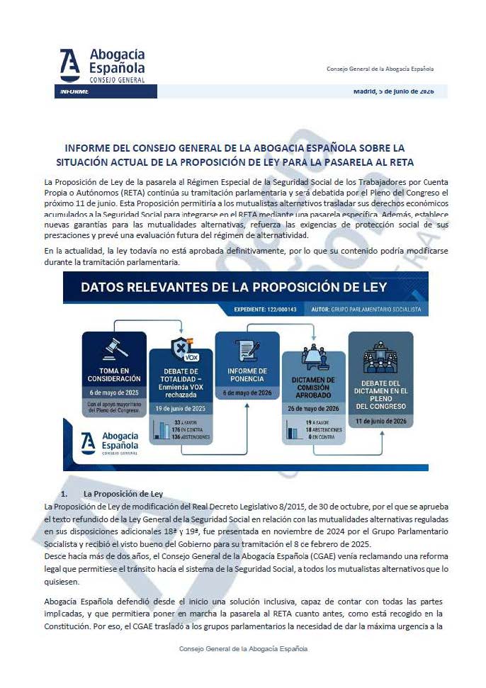 IcaTalavera's tweet photo. ⚖️Informe del CGAE sobre la situación actual de la proposición de Ley para la pasarela al RETA #abogaciaespañola #abogacia #CGAE #mutualistas @MargaCerro @Abogacia_es https://t.co/1kdeXhCBWp