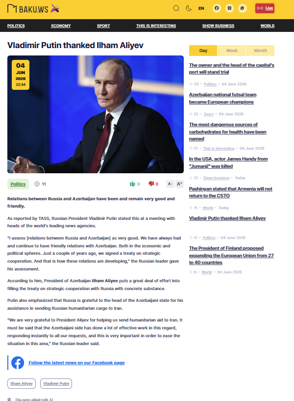 armrazo's tweet photo. At SPIEF, Vladimir Putin praised Russia-Azerbaijan ties as "very good and friendly." He thanked President Ilham Aliyev for instantly facilitating the transit of Russian humanitarian aid to Iran following recent regional military escalations. https://t.co/Jv3ee14Jpo