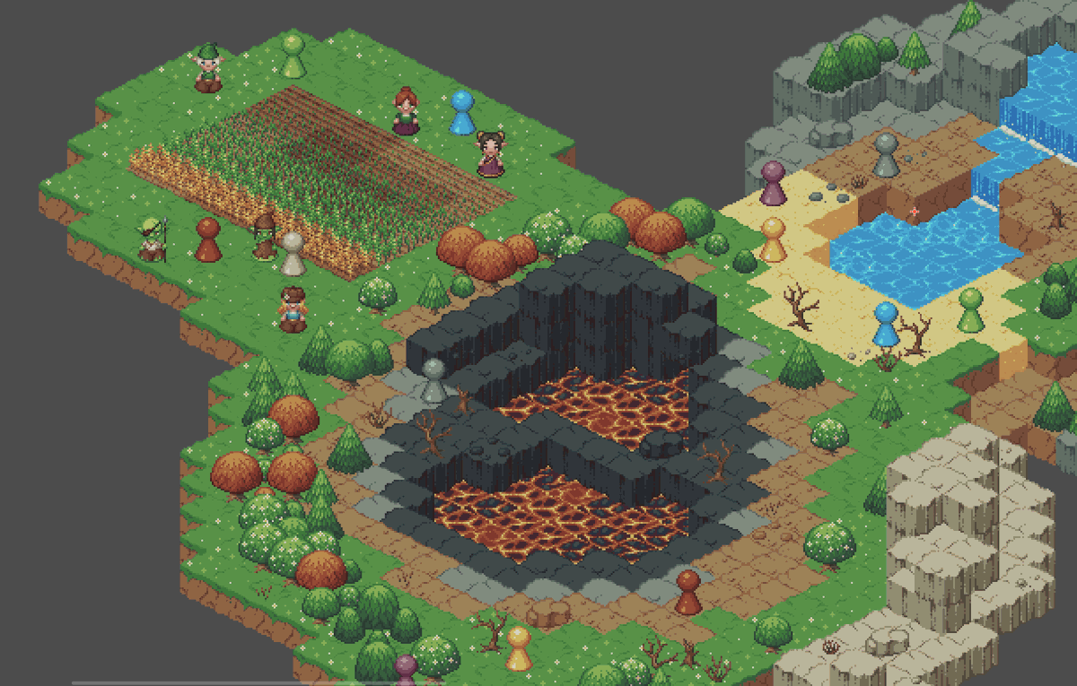 TimeTheTea's tweet photo. Today I started on creating player/npc elements for the isometric asset pack. With a 3 fertility/moisture level farmland and a 6 stage grain crop. So much more I can't wait to add to this~ https://t.co/W1hMSsGP58