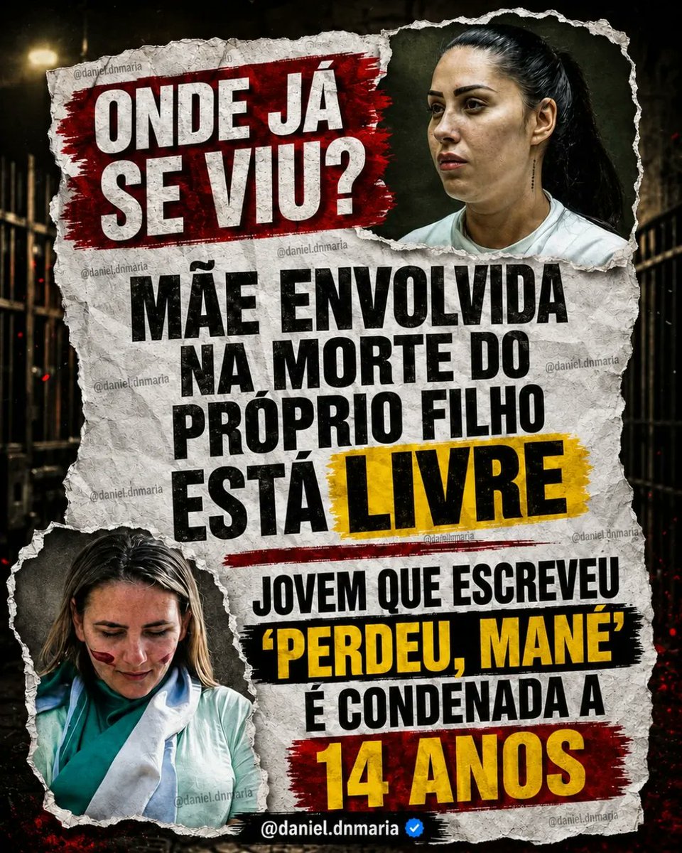 MachadoDarlon's tweet photo. 🇧🇷🚩// Brasil, o país dos pesos e medidas diferentes? Enquanto uma jovem recebe 14 anos por escrever em uma estátua, uma mãe envolvida na morte do próprio filho está livre. A pergunta fica: isso é justiça ou seletividade? 

➡️ Via: @/daniel.dnmaria
🤳 Reprodução
#JustiçaSeletiva #Brasil #DoisPesosDuasMedidas #notíciapolêmica