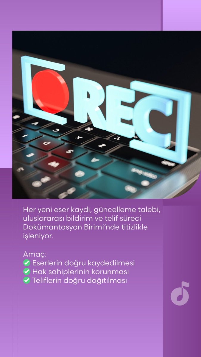 mesamglobal's tweet photo. 🎼 Bir eserin yolculuğu; kayıtla başlar, emekle büyür, doğru belgeyle korunur.

MESAM Dokümantasyon Birimi;
eser kayıtlarından cue sheet işlemlerine, uluslararası bildirimlerden telif süreçlerine kadar her detayı titizlikle takip ediyor.

✔️ Doğru kayıt
✔️ Doğru hak sahibi
✔️ Doğru telif dağıtımı

Çünkü her nota, her saniye ve her emek korunmayı hak ediyor.

#MESAM #DokümantasyonBirimi #TelifHakları