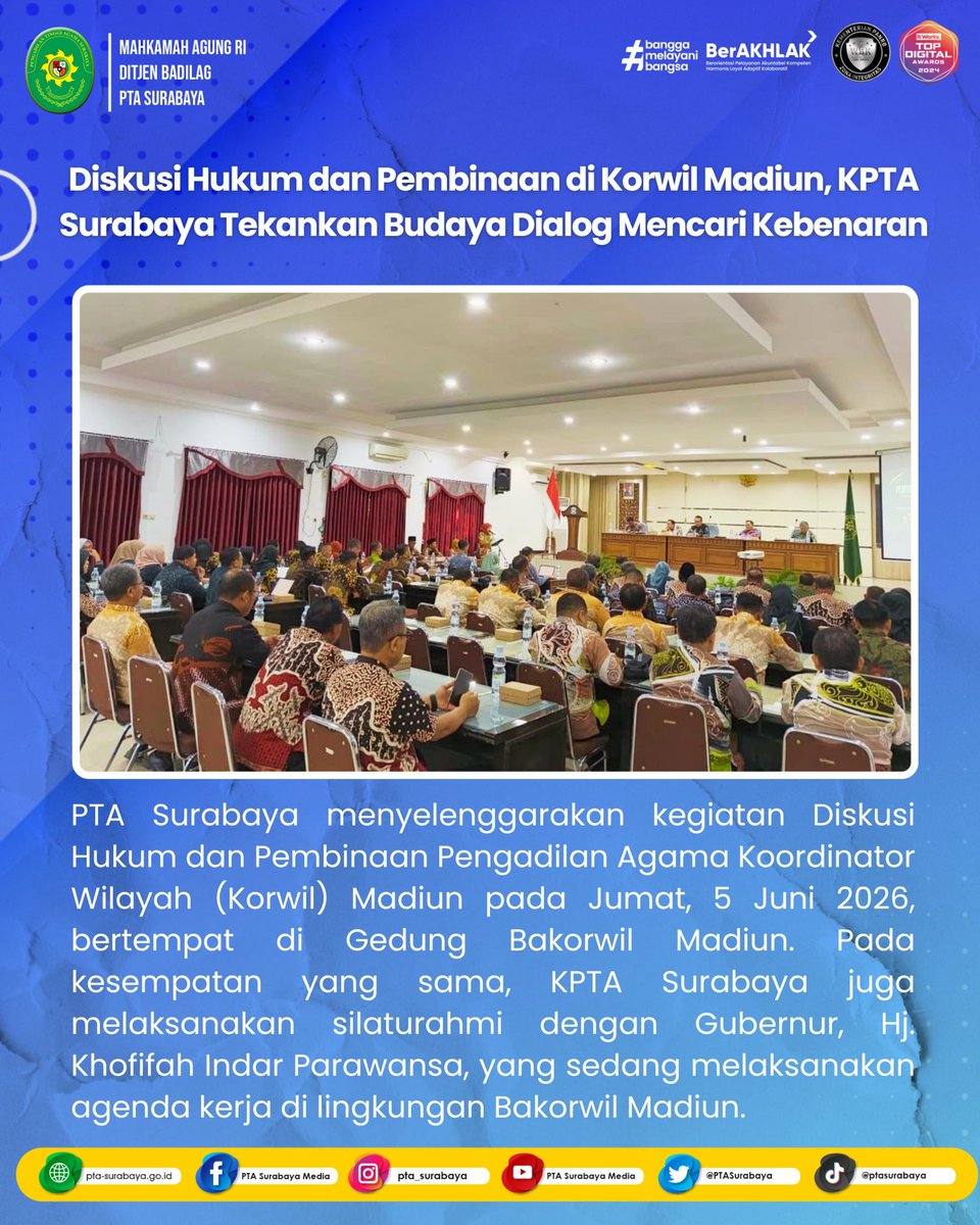 PTASurabaya's tweet photo. Diskusi Hukum dan Pembinaan Korwil Madiun, KPTA Surabaya Tekankan Budaya Dialog dalam Mencari Kebenaran

Selengkapnya : https://t.co/VKyqiGHQ9J https://t.co/KZ5rMw5RXS