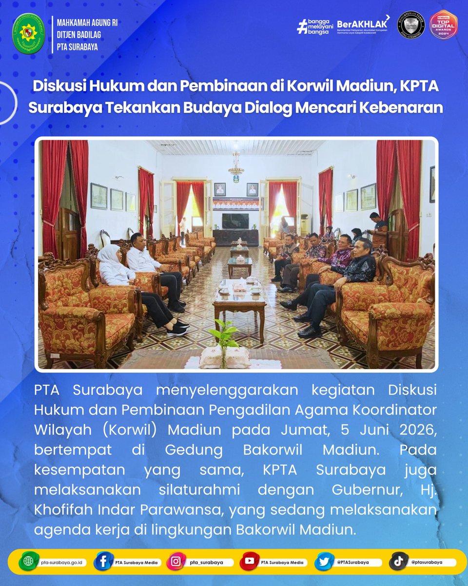 PTASurabaya's tweet photo. Diskusi Hukum dan Pembinaan Korwil Madiun, KPTA Surabaya Tekankan Budaya Dialog dalam Mencari Kebenaran

Selengkapnya : https://t.co/VKyqiGHQ9J https://t.co/KZ5rMw5RXS