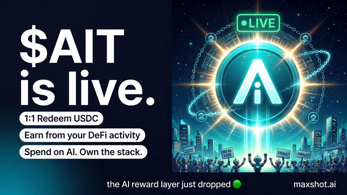MaxshotAI's tweet photo. It's live: $AIT — the AI compute credit token — is now available on base!

- 1:1 Redeem with USDC.
- Earn from your DeFi activity (HL, Polymarket, our stablecoin Vaults).
- Spend it on AI models or redeem it for USDC.

The AI reward layer for DeFi isn't coming anymore. It's here. https://t.co/RNXgq9Tgza