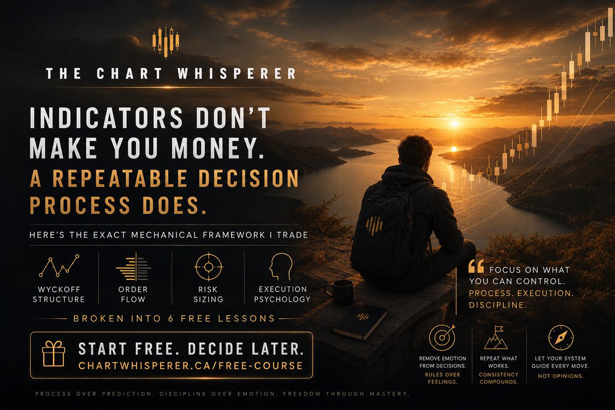 TCW_CAP's tweet photo. Indicators don't make you money. A repeatable decision process does.

Here's the exact mechanical framework I trade 

— Wyckoff structure, order flow, risk sizing, execution psychology 

— broken into 6 free lessons: 

https://t.co/PxrpSRQUQM

Start free. Decide later.