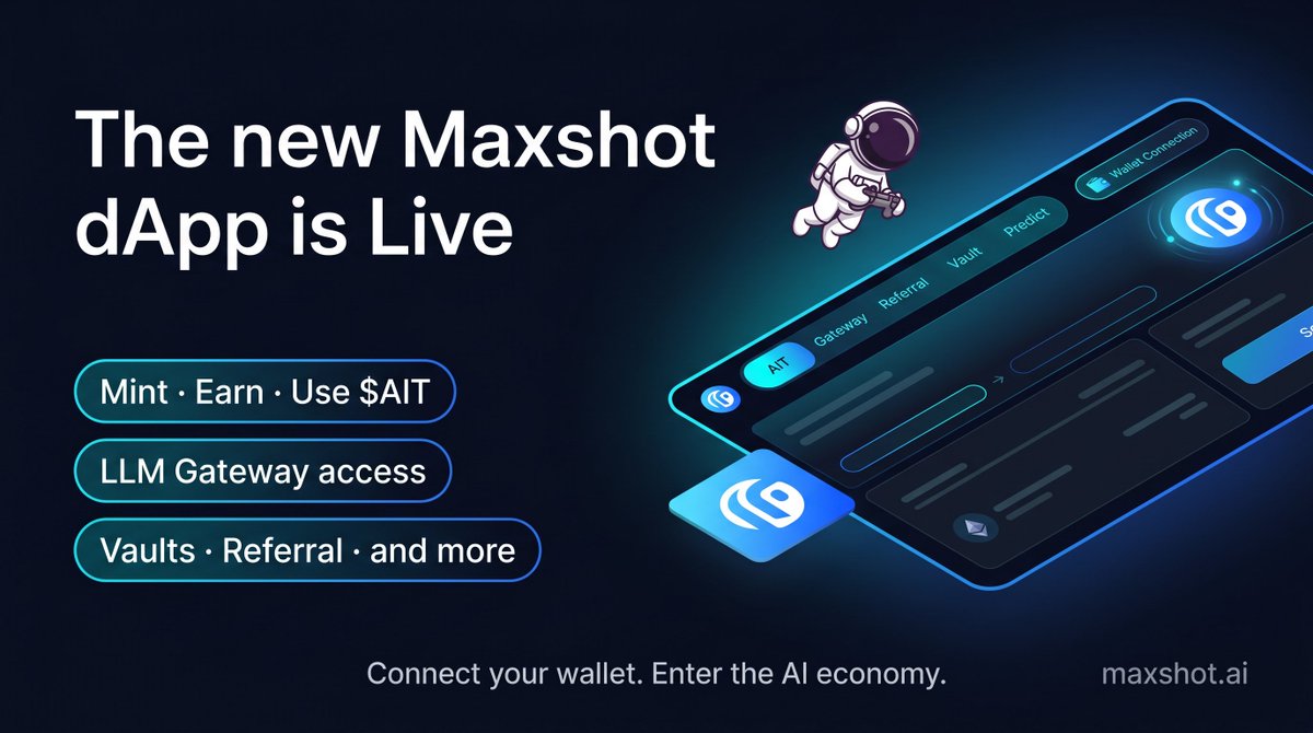 MaxshotAI's tweet photo. The new Maxshot dApp is live!

One interface. Everything you need to participate in the AI economy:
→ AIT: to mint $AIT and more 
→ Gateway: Spend $AIT in AI
→ Referral: Use partner platforms to earn $AIT
→ Vault: for our og AI-powered vaults

Connect your wallet and start!🖥️ https://t.co/2lUabDRDwd