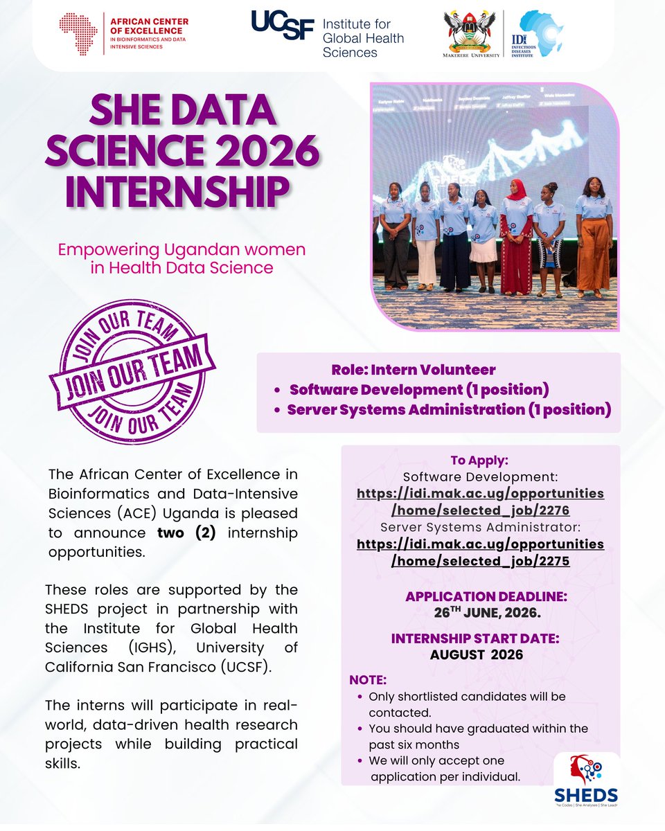 AceUganda's tweet photo. 📢 WE ARE HIRING!

SHE Data Science (SHEDS) is recruiting Intern Volunteers for:
▶️ Software Development (1 position)
▶️ Server Systems Administration (1 position)

Apply via https://t.co/YBgBuj8CtC

🔔 Applicants must have graduated within the last 6 months to qualify. https://t.co/4QCTUzb4V0