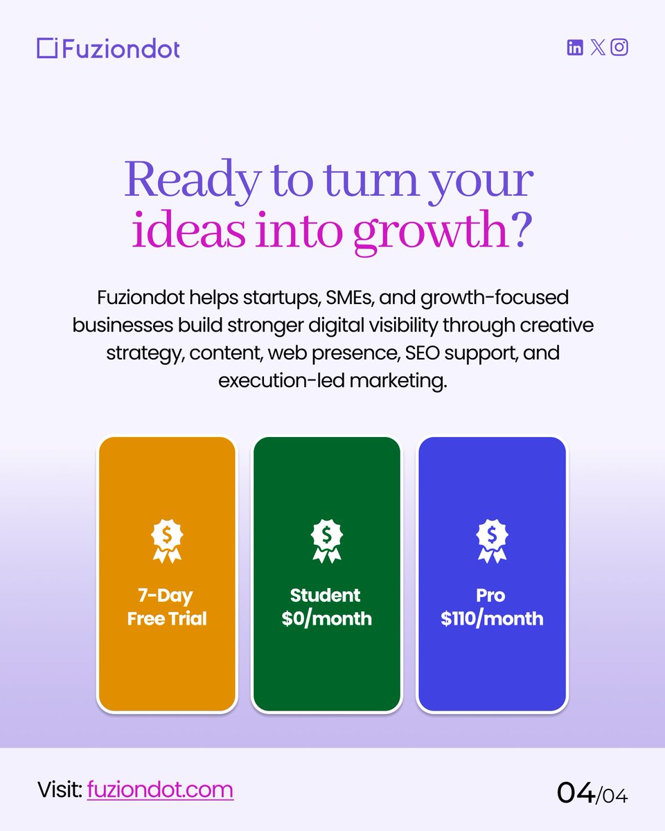 Fuziondot's tweet photo. Businesses with great strategy but poor execution: invisible.

Businesses with good strategy and consistentexecution are: growing.

The difference is not the idea. It is the system behind the idea.

Fuziondot builds that system. Free for 7 days 👇

https://t.co/b7SWGDpK20 https://t.co/VlujtvMBI6