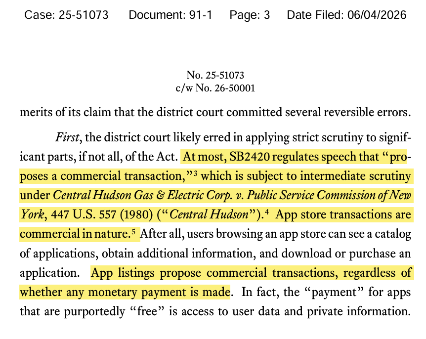 juliecbarrett's tweet photo. 🚨UPDATE: Texas App Store Accountability Act (SB 2420)

Yesterday, the 5th Circuit formally granted a stay, pending appeal. This is not good news, but the fight is far from over.

The 5th Circuit used the commercial speech doctrine under Central Hudson, arguing that app store transactions are commercial in nature, and even "free" apps involve a transaction because your data is the payment. This drops the standard from "strict scrutiny" to "intermediate scrutiny", which is a much easier bar to clear for Texas. 🧵