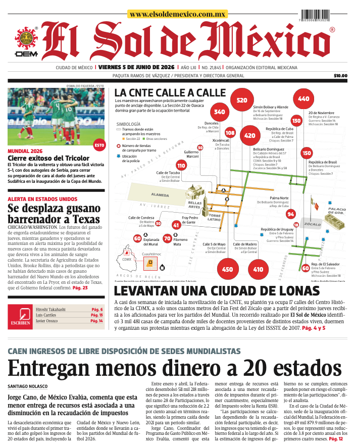elsolde_mexico's tweet photo. #BuenosDías / La portada de El Sol de México☀️

🗞️ La CNTE calle a calle: un plantón de tres mil 481 tiendas en el Centro Histórico
https://t.co/g6b6YobnJv

📰 Estados del Mundial reciben menos de la Federación
https://t.co/7IHmJZLoPR https://t.co/cgk9GomfLS