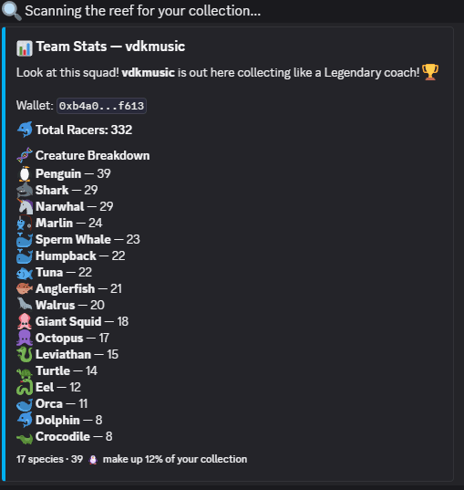 oceanracinggame's tweet photo. Sneak peek 👀

We've been working on something for the Discord — a !racerstats command that breaks down your entire ORL collection by creature type. 🦈🐬🐢

Still fine-tuning, but here's a little taste of what's coming... 🔥

#ORL #OceanRacingLeague #NFT #polygon #web3 #community https://t.co/ke2qyOacIz
