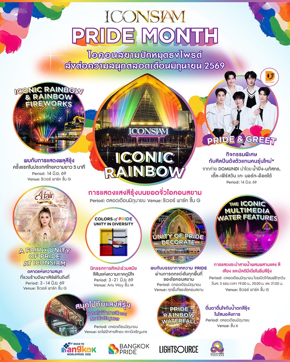 iconsiam's tweet photo. 🌈 ขอต้อนรับทุกคนเข้าสู่ PRIDE MONTH อย่างเป็นทางการ ไอคอนสยามพร้อมแล้วเช่นกันที่จะปักหมุดธงไพรด์ ฉลองเทศกาลแห่งความภาคภูมิ หลอมรวมทุกความหลากหลายสู่หนึ่งหัวใจแห่งความภาคภูมิในคอนเซปต์ “UNITY OF PRIDE: DIVERSE SERIES, ONE COMMUNITY” 💜💚🧡💛💙สำหรับปี 2026 ไอคอนสยามในฐานะของ Global Experiantial Destination มุ่งมั่นจะส่งต่อพลัง PRIDE ไทยให้ดังไกลไปทั่วโลกเพื่อผลักดันประเทศไทยสู่เป้าหมายการเป็นเจ้าภาพ Bangkok World Pride 2030 อย่างยิ่งใหญ่

เช็คลิสต์ความ Pride พร้อมกันทั่วไอคอนสยามที่จะปลุกให้ทุกพลัง Pride ยิ่งใหญ่ตลอดเดือนมิถุนายน 2569 พร้อมตอกย้ำประเทศไทยในฐานะแลนด์มาร์กจุดหมายแห่งความภาคภูมิใจระดับสากล
📍 พบกับปรากฏการณ์แสงสีรุ้งที่จะเปล่งประกายรอบไอคอนสยามเพื่อส่งต่อพลัง Pride อย่างยิ่งใหญ่และสวยงาม 
- ICONIC Rainbow การแสดงแสงสีรุ้งบนยอดจั่วไอคอนสยามตลอดเดือนมิถุนายน 
- ICONIC Rainbow & Rainbow Fireworks การแสดงพลุสีรุ้งครั้งแรกในประเทศไทยความยาว 5 นาทีในวันที่ 14 มิ.ย. 69 
- Pride Rainbow Waterfall ตื่นตาตื่นใจกับน้ำตกสีรุ้งในโซนอลังการบนชั้น 6 
- The ICONIC Multimedia Water Features การแสดงระบำสายน้ำผสมผสานแสง สี เสียง และมัลติมีเดียในธีมสีรุ้งที่ยาวที่สุดในเอเชียตะวันออกเฉียงใต้ 
- สนุกไปกับแสงสีรุ้งบนรถไฟฟ้าสายสีทอง สถานีเจริญนคร
📍 Pride & Greet ความไพรด์ที่พร้อมส่งต่อเป็นความสุขสำหรับทุกคน
วันที่ 14 มิ.ย. 69 ปักหมุดรอไว้เลยกับกิจกรรมพิเศษกับศิลปินดังตัวแทนคนรุ่นใหม่จากค่าย DOMUNDI นำโดย น้ำปิง-นภัสกร, เติ้ล-เฟิร์สวัน และ นอร์ท-อ๊อตโต้ 
📍 A FAIR x UNITY OF PRIDE AT ICONSIAM (3-14 มิ.ย. 2569)
ตลาดแห่งความสนุกที่รวมร้านค้าสุดเด็ดของเหล่าคนดังมาให้คุณได้จัดเต็มความสุขต่อเนื่องตลอด 12 วันของการจัดงาน 
📍 Colors of Pride : Unity in Diversity สีสันแห่งความภาคภูมิใจ (3-21 มิ.ย. 2569)
นิทรรศการศิลปะร่วมสมัยที่รวบรวมผลงานจากศิลปินหลากหลายเพศ มุมมอง และประสบการณ์ชีวิต ภายใต้แนวคิด "ความแตกต่างที่อยู่ร่วมกันใต้อย่างงดงาม" 

ไอคอนสยามจะทำให้ทุกพื้นที่ ทุกคน และทุกหัวใจเป็น UNITY OF PRIDE ที่สมบูรณ์แบบที่สุดไปด้วยกันได้ตลอดเดือนมิถุนายน 

🚩 ICONSIAM UNITY OF PRIDE
📆 1 – 30 JUNE 2026

#ICONSIAM #PrideMonth #ICONSIAMUnityOfPride #Nampingster #TleFirstone #NorthOtto
