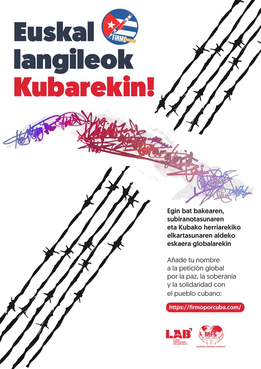 LABsindikatua's tweet photo. 🇨🇺Euskal langileok Kubarekin

🌎Mundu osoan kanpaina internazionalista abiatu du Munduko Federazio Sindikalak

✊Egin dezagun bat bakearen, subiranotasunaren eta elkartasunaren alde

🖋️Sinatu hemen, jatorrizko herrialdean 'Euskal Herria' jarrita: https://t.co/DBoWpa6NKE https://t.co/zoXbyTaln9