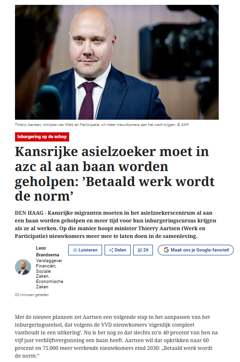Mirjam152's tweet photo. Klinkt leuk. Hoewel ik liever een asielstop en remigratie zie. 

Maar ... dit is al best vaak geprobeerd. Ik herinner mij sowieso het Westland en Utrecht. In het Westland stopten Syriërs na één week: 40 uur werken was té zwaar. En in Utrecht kapten statushouders met werken toen ze een woning hadden gekregen: een uitkering + toeslagen leverde genoeg op, vonden ze.