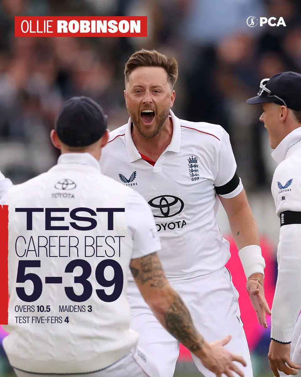 PCA's tweet photo. What a display from Ollie Robinson 😍

New Test career best figures for the @SussexCCC captain 👊 

Top work, Robbo 💥 

#ENGvNZ https://t.co/lzzBuFStBq