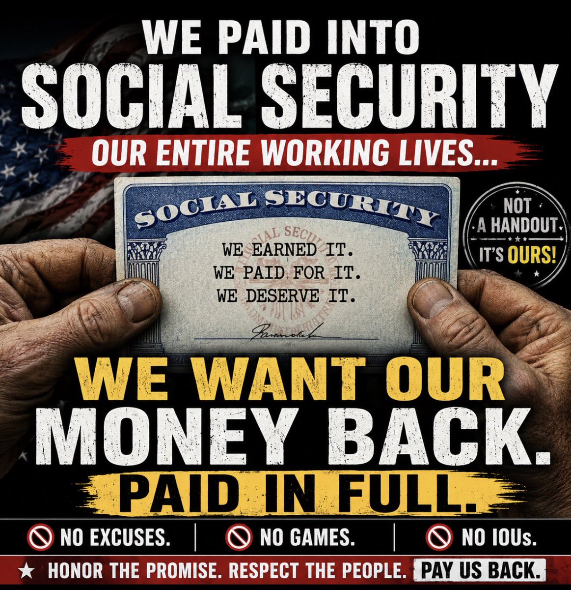 250_Revolution's tweet photo. Are you tired of getting screwed over by our own gov that we hired? 

Funny how Washington always finds money for everything except the people who paid into the system their entire lives.

We earned it.
We paid for it.
We deserve it.

Paid in full.

#250_Revolution 🇺🇸💰💪 https://t.co/0PBE4wsSou