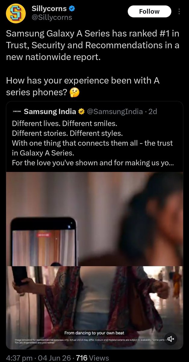 GemsofTechyt's tweet photo. If it's an ad, say it's an ad.
If it's sponsored, disclose it.
That's the whole point of influencer marketing guidelines.
Requesting @ascionline to look into @Sillycorns' recent @SamsungIndia A Series promotion for disclosure compliance and take strict action 
Here's the proof ⬇️ https://t.co/SgHDUwf8Em