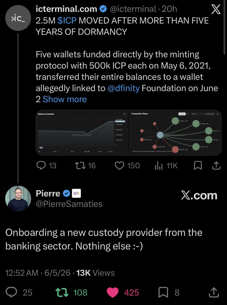 Emanueljcruz's tweet photo. Let me get this straight… 

• JPMorgan, Citi and major banks are launching tokenized deposits

• 2.5M dormant $ICP suddenly moves

• Pierre says it’s related to onboarding a new custody provider from the banking sector

Am I the only one paying attention here?

👀 https://t.co/SiioPhO62S