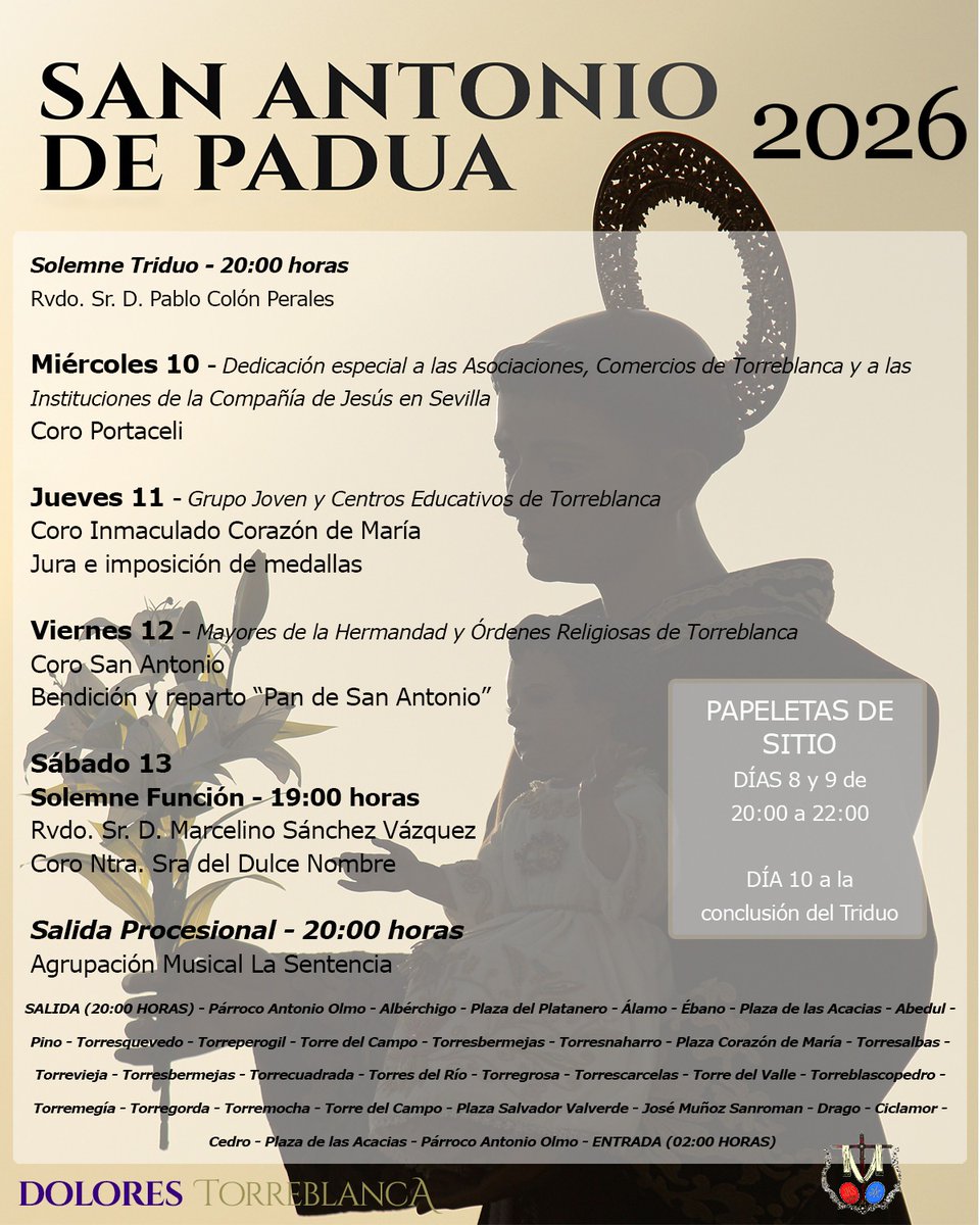 HdadlosDolores's tweet photo. CULTOS | San Antonio de Padua 2026

La próxima semana celebraremos el Solemne Triduo, Función y Procesión en honor a San Antonio de Padua.

Conoce los detalles de las celebraciones de cada día y sus dedicaciones. 

¡Viva San Antonio! 

#SanAntonio26
#DoloresdeTorreblanca https://t.co/FfaItyrEBo