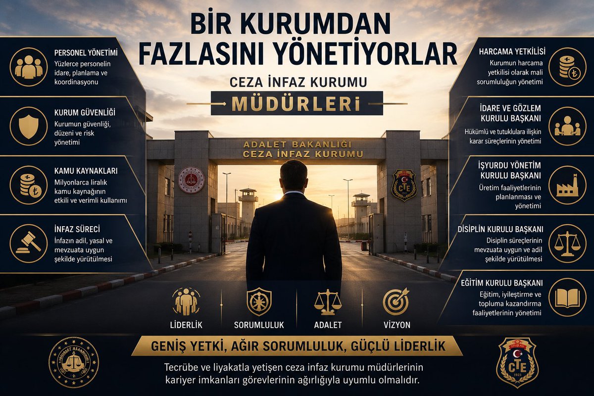 OnurKucukseymen's tweet photo. BİR KURUMDAN FAZLASINI YÖNETİYORLAR🇹🇷🇹🇷🇹🇷

📌Ceza İnfaz Kurumu Müdürleri;

✅Kurumlarının harcama yetkilisi, İşyurdu Yönetim Kurulu Başkanı, İdare ve Gözlem Kurulu Başkanı olmakla birlikte; eğitim, disiplin, güvenlik ve infaz süreçlerine ilişkin çok sayıda kurul ve komisyonun da başkanlığını yürütmektedir.

✅Yüzlerce personeli, binlerce hükümlü ve tutukluyu, milyonlarca liralık kamu kaynağını ve kurum güvenliğini aynı anda yönetmektedir.

✅Üst yönetimin beklentileri ile sahadaki uygulamalar arasında denge kurarken; yaşanabilecek güvenlik, idari ve mali süreçlerin sorumluluğunu da omuzlarında taşımaktadır.

✅Bu denli geniş yetki ve ağır sorumluluk üstlenen ceza infaz kurumu müdürlerinin kariyer imkânları da görevlerinin ağırlığıyla uyumlu olmalıdır.

✅Tecrübe ve liyakatla yetişen ceza infaz kurumu müdürlerinin; Kontrolörlük, Başkontrolörlük, Daire Başkanlığı ve üst yönetim kademelerine uzanan kariyer imkânlarının güçlendirilmesi, kurumsal hafızanın korunmasına, mesleki motivasyonun artırılmasına ve infaz sistemimizin daha da güçlenmesine katkı sağlayacaktır.

✅6 Haziran Ceza İnfaz Personeli Günü vesilesiyle; başta görevi uğruna şehadete yürüyen ceza infaz kurumu müdürlerimiz olmak üzere tüm şehitlerimizi rahmet ve minnetle yâd ediyor, ceza infaz teşkilatımızın her kademesinde görev yapan meslektaşlarımızın Ceza İnfaz Personeli Günü'nü kutluyoruz.
@Cipder @abakingurlek @ceyhanburakab @ctekurumsal @Avkthalilozturk 
#6HaziranCezaİnfazPersonelGünü #CİPDER