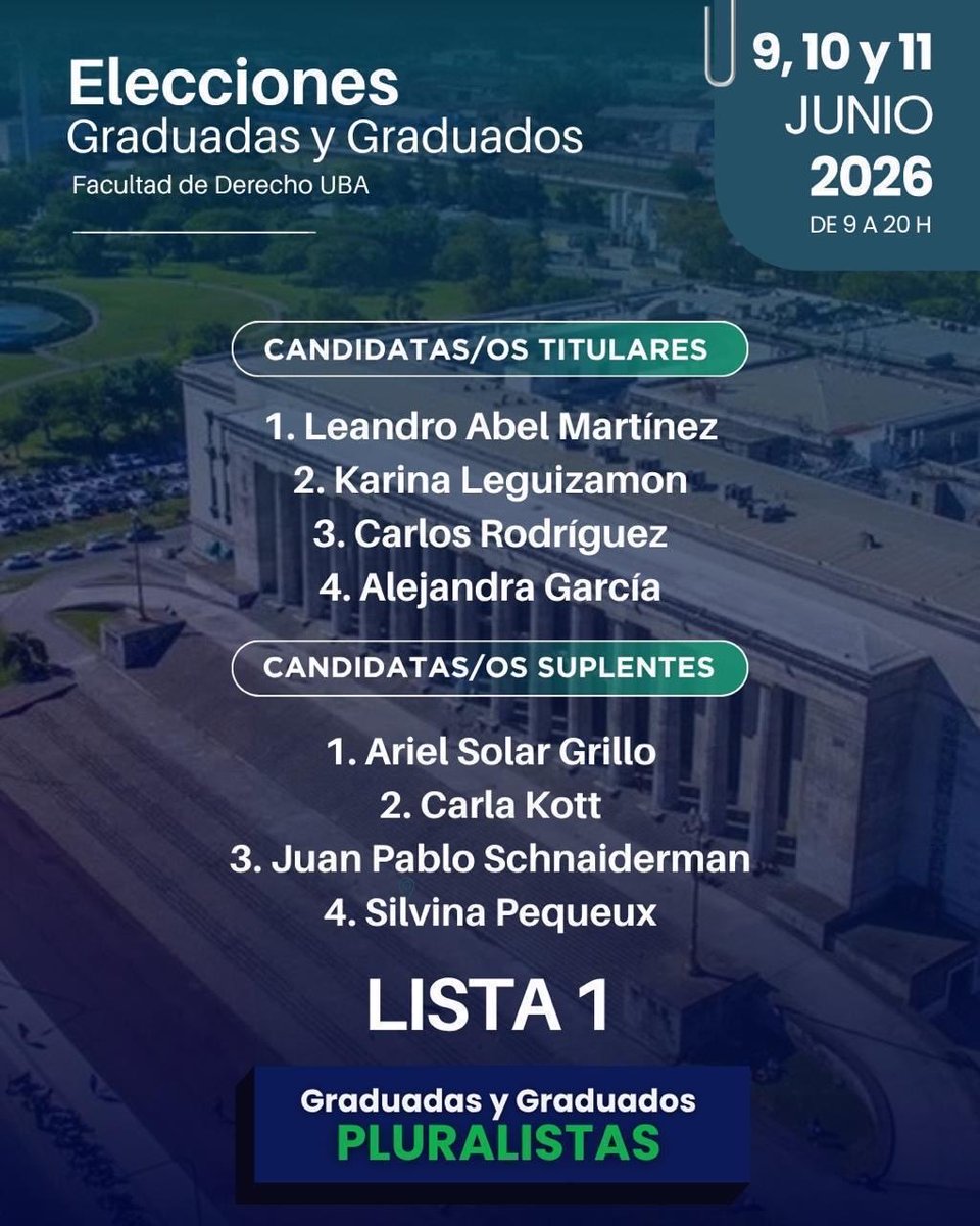 masvelez's tweet photo. Para seguir construyendo una Facultad inclusiva, plural y de excelencia; ampliar la oferta de postgrado, fortalecer la formación docente y apoyar la investigación, votá a “Graduadas y Graduados Pluralistas” Lista 1.
📆 9, 10 y 11 de junio
⏰ 9 a 20 hs
📍 Facultad de Derecho - UBA https://t.co/sreFJrsQoX