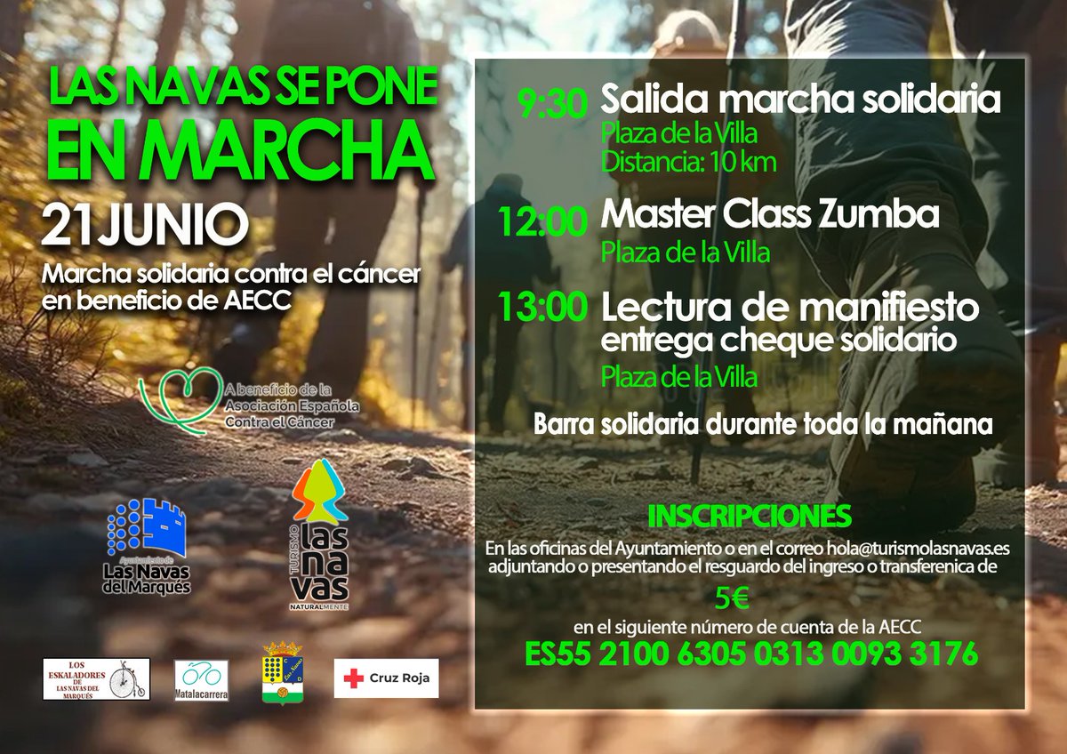 TurismoLasNavas's tweet photo. 💚👟 ¿Ya te has apuntado al Día del Deporte Solidario contra el Cáncer?
El próximo 21 de junio tenemos una cita para caminar juntos, disfrutar de nuestro entorno y colaborar con una gran causa. 
🌲Descubre el recorrido:
https://t.co/LXXgUzGaif
#MarchaSolidaria #DeporteSolidario https://t.co/3ZAp0DNowZ