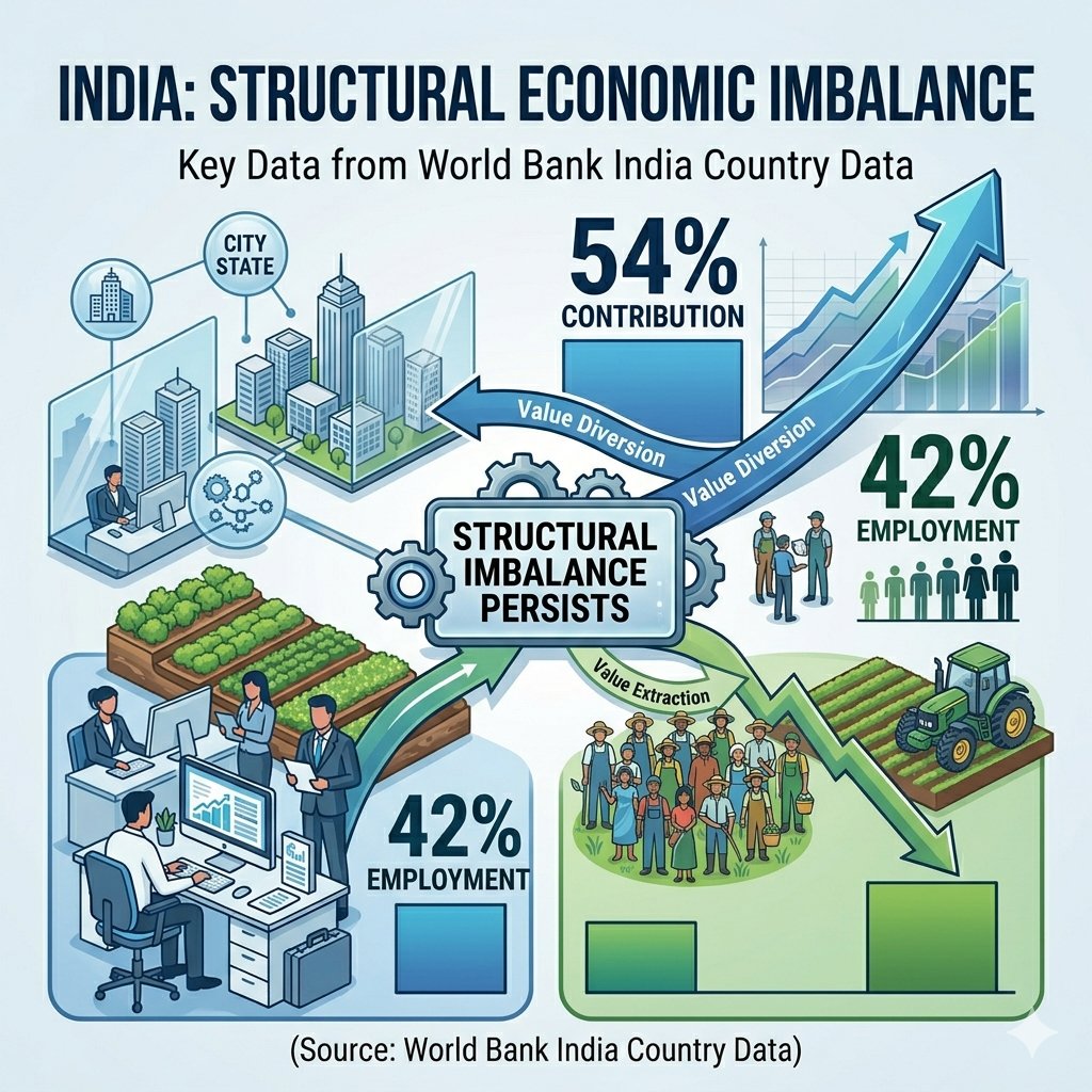 Stats1947's tweet photo. Services contribute 54% of GDP, while agriculture employs 42% but contributes just 16%. A structural imbalance persists.  
(Source: World Bank India Country Data)
#India #EconomicImbalance #WorldBank #Indiadata #employment #IndianStatistics #StructuralImbalance #GDP https://t.co/kYdbjVeB2N