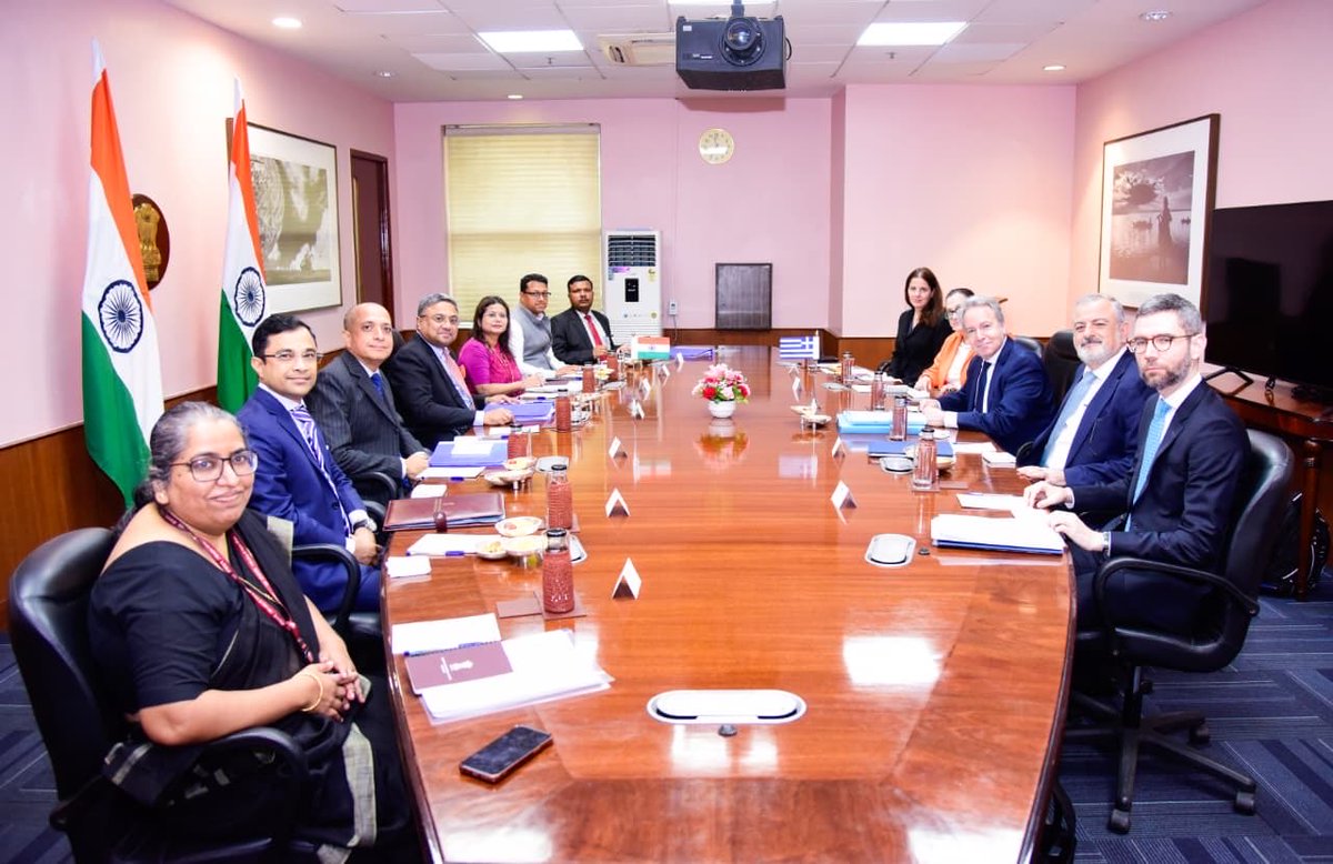 MEAIndia's tweet photo. 14th Round of 🇮🇳-🇬🇷 Foreign Office Consultations were held in New Delhi on 05 June 2026, co-chaired by @AmbSibiGeorge, Secretary (West) and Ambassador Andreas Fryganas, Director General for Political Affairs, @GreeceMFA. 
 
Both sides reviewed the entire gamut of the bilateral relations with focus on political and defence relations, trade and investment, cultural and people-to-people cooperation, which will further strengthen the strategic partnership between 🇮🇳 & 🇬🇷. 

The two sides reiterated their commitment to fight against cross-border terrorism.
 
They also exchanged views on regional and global issues of mutual interest.