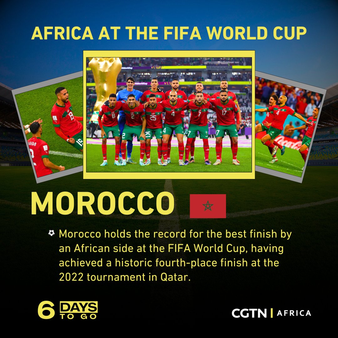 cgtnafrica's tweet photo. #Morocco remains the only African nation to have reached the semi-finals of the #FIFAWorldCup. The Atlas Lions made history at the 2022 tournament in Qatar after a famous 1-0 quarter-final victory over Portugal secured their place among the last four. Now heading to North America for the #FIFAWorldCup2026, the North Africans will be aiming to surpass that historic achievement, drawing on the experience and confidence gained from their remarkable 2022 campaign.