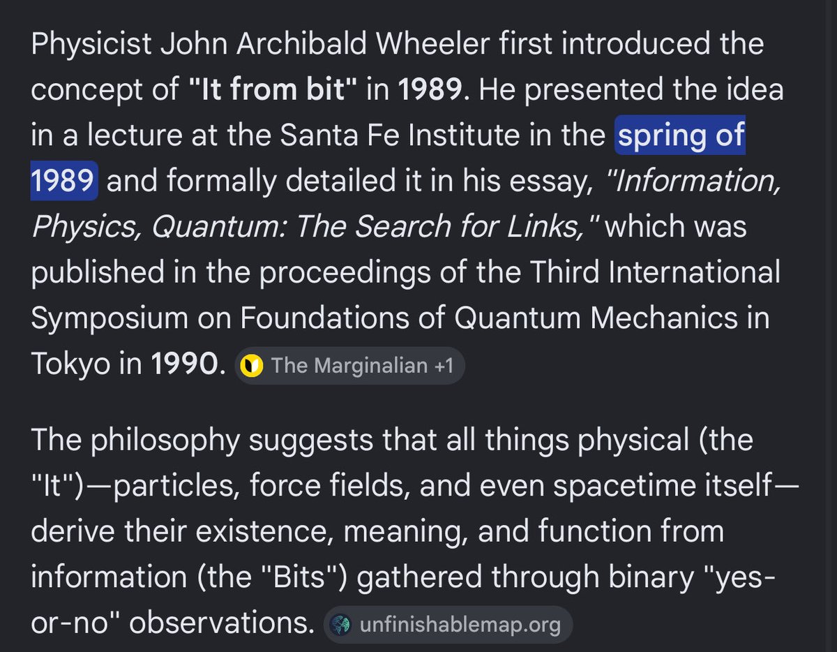 ACEtvx's tweet photo. @Kekius_Sage John Archibald Wheeler called it “It from Bit” https://t.co/eHn0oDG80s