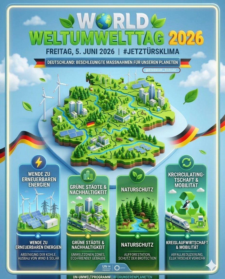Eadwulf_Schulz's tweet photo. 🇩🇪Ein grüneres Morgen ist kein Traum, sondern ein Plan. 
Zum heutigen #Weltumwelttag zeigt Deutschland, wie die Transformation durch Wind, Solar und smarte Mobilität gelingt. 🌱⚡️ 

Packen wir es gemeinsam an!

#NowForClimate #Nachhaltigkeit #Umweltschutz #WED2026 https://t.co/na7fjxkDP0