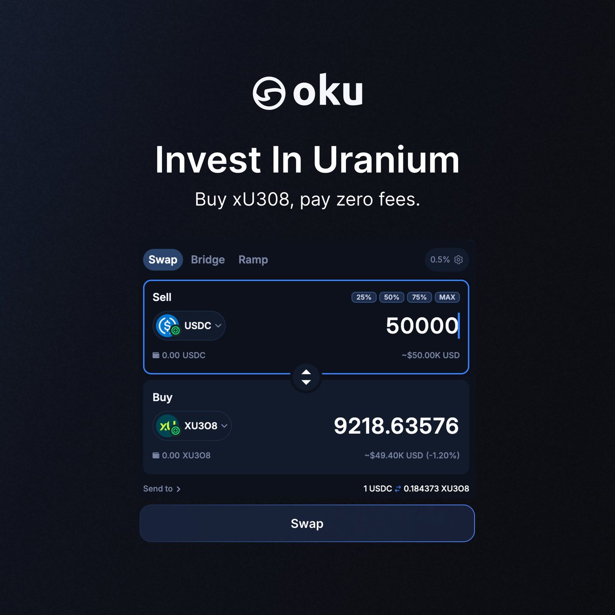 okutrade's tweet photo. Tokenized uranium, gold, stocks, commodities.

Trade real-world assets onchain. No middlemen, no fees.

Only on Oku. https://t.co/W0AM0ijzlu