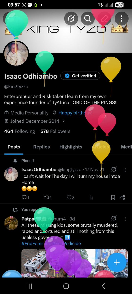 kingtyzzo's tweet photo. Ballons on my profile mean one thing.
It's a new dawn!

I am grateful for the new beginning

Long Live the King 👑 https://t.co/TSPSWqYZ3p