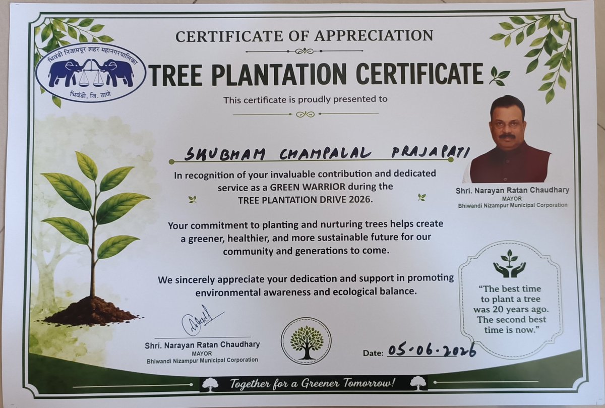 Ram_Bhakt_s's tweet photo. On #WorldEnvironmentDay , I proudly planted 5 trees in my society and was honored to receive a certificate from the Mayor for contributing to a greener future.🌱

Every tree planted today is a step toward a cleaner, healthier, and more sustainable tomorrow. https://t.co/IQv1dvMoH4